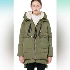Women's Olive Green Hooded Puffer Coat with Sherpa Lining